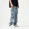 Herren Jeans Multi-Pocket Männer Distressed Loose Big Pocket Cargohose Blau Streetwear Lässige Mode Gerade Bein Y2k Denim Hose