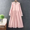Casual Dresses Women Sweet Doll Cotton Long Sleeve Loose Dress Pure Color Midi