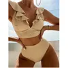 Vrouwen Badmode Effen Hoge Taille Bikini Ruches Badpak 2023 Zomer Sexy Kelderen Vrouwen Bandage Badpak Beachwear