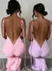 Dresses Mozision Backless Ruched Sexy Maxi Dress for Women Robe Hot Summer Spaghetti Strap Sleeveless Bodycon Party Long Dress Vestidos