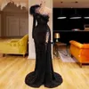 Black One Shoulder Glitter Party Dresses Feather Long sleeves Prom Dresses 2020 New Arrival Saudi Arabic Formal Kaftans Evening Go252V