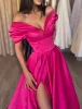 Gorąca różowa formalna sukienka wieczorowa długość podłogi krótki rękaw z ramiona satynowa satynowa sukienki na imprezę na wybiegu