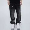Shorts Masculino American Retro Y2k High Street Hiphop Splashed Ink Bordado Jeans Lavado Velho Todos Combinam Calças Retas 230721