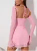Vestito rosa a maniche lunghe in maglia dolce Moda donna Fasciatura senza schienale solido Mini Vestido Mujer Summer Vacation Party Club Outfit