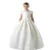 Princess White First Communion Sukienki małe kwiaty dziewczyny przyjęcie weselne sukienka krótkie rękawy satynowe vestidos de comunion 2022295a