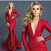 Sexy lange rote Meerjungfrau-Abendkleider, tiefer V-Ausschnitt, lange Ärmel, Spandex, formelles Kleid, Abendkleider, Abschlussballkleid, Vestidos, nach Maß 237Z