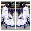 Nouveau Blanc Satin Bleu Royal Dentelle Aso Ebi Robes De Bal Africaines Manches Longues Illusion Appliqued Sirène Soirée Formelle Robes244Z