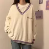 Kvinnors tröjor tröja preppy stil brev lapptäcke v-hals pullover vintage kvinnor vinter koreansk mode chic kvinna