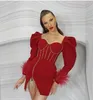 Casual Dresses 2023 Autumn Red Female Bubble Långärmad Sexig Diamond Strip Bodycon Mini Dress Feathers Firar Party Outfit Evening