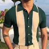 Herrpolos vintage polo skjorta randtryck lapptäcke stickning casual lapel cardigan sommar mode män kort ärm skikt skjortor