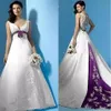 Blanco y púrpura Vintage vestidos de novia Halter espalda descubierta encaje con cuentas bordado mancha barrido tren país nupcial vestido de boda 220Z