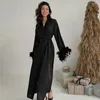 Women's Sleepwear Long Sleeve Robe With Feather Satin Silk Maxi Dress Shower Bathrobe Summer Women Kimono Wedding Bride Home Wear Nighty