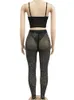 Women's Two Piece Pants RLMABABY Sexy Tie Girl Diamond Transparent Black Mesh 2 Set Women Crop Top High Waist Pencil Trousers Outfits