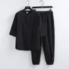 Men's Tracksuits 2 Pcs Suit Men Shirt Pants Set Solid Color Summer Top Trousers Stand Collar Elastic Waist Drawstring Male Tracksuit 230721