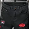 Mens Jeans Sokotoo red flower letters embroidery black jeans Fahion badge stretch denim pants 230721