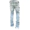 Jeans masculinos Faixa regular empilhada patch angustiada destruída calça jeans direta roupas de rua casual jean