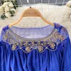 Basic Casual Dresses 2023 Summer Fashion Bohemain Diamonds Beading Embroidery Dress Women's Chiffon O Neck Long Lantern Sleeve Loose Party Maxi Vestido