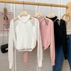 Kvinnors blusar 2023 Summer Korean Hanging Neck Shirt Pearl Sleeveless Sticke Short Tank Top Mesh Långärmad Cardigan Pink Two Piece Set