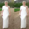 Elegante weiße One-Shoulder-Hülle Lange Abendkleider Satin Reißverschluss geteilte Ärmel 2019 neue Abendkleider Sommer-Abschlussballkleid Robe De 228C