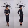 Black Sheath House Of Mooshki Mother of The Bride Dress Jewel Neck Long Sleeve Feather Wedding Guest Dresss Tea Length Evening Gow320b