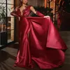 Elegant Red Satin Mermaid Evening Dresses Overskirt Applique Sexy Sheer Long Sleeves Ruched Runway Prom Dress Formal Party Gowns2014