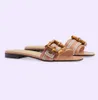 Bamboo Buckle Sandals Shoes Wide-band Slides Flats Calfskin Leather Lady Flip Flops Women Slippers Embroidered Trim House Comfort Walking EU35-43