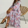 Casual Dresses Maxi Dress V Neck Large Hemline Loose Puff Long Sleeve Elegant A-Line Floral Print For Daily Wear