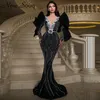 Dubai Black Long Sleeve Mermaid Evening Dresses 2020 Sexy Plunging V Neck Heavy Beaded Saudi Arabia Evening Gowns Formal Dress238P