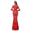 Festklänningar 2023 långärmad röd paljett spetsar fisktail aftonklänning stor svans sexig promenad cocktail