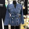 Kvinnorjackor Retro Autumn Double Breasted Denim Blazers Coat Stäng ner krage kostymer jacka jeans cardigan cowboy spets upp toppar jaqueta