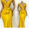 Robes de bal jaunes africaines avec plis noués col en V profond robe de soirée sirène formelle robes de soirée de célébrité pour les femmes portent une robe 291W