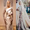 2021 Plus Size Arabo Aso Ebi Gold Sparkly Sexy Prom Dresses Guaina maniche lunghe in raso da sera formale Party Second Reception Gowns247n
