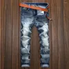 Men's Jeans Fashion Knee Holes Beggar Baby Blue Trousers Fall Summer Hip-hop Style Slim