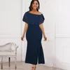 Casual Dresses Women Navy Blue Dress Off Shoulder Pärled Ruffle Patchwork Bodycon Midi Birthday Party Wedding Female Summer Robes 2023