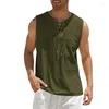 Herr t-skjortor 2023 Vest Shirt Cotton Linne LACE-UP Solid Color Fashion Kort ärm T-shirt