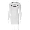 Casual Dresses Autumn Long Sleeve Hollow Out Package Hip Short For Women 2023 Ladies O-Neck BodyCon White Dress Streetwear