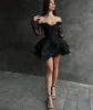 Sexy glitzerndes kurzes Spitzen-Abschlussballkleid mit Applikationen, A-Linie, lange Ärmel, schulterfreies Abendkleid, Saudi-Arabien, Partykleider, schwarze Robe de Soiree, Vestidos, Fiesta