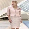 Vestidos elegantes para madre de la novia con chaqueta de encaje con apliques vestido de invitados de boda hasta la rodilla corto para madres traje Formal 231j