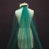 Magnifique voile de mariage vert Bling dentelle pailletée monocouche voile de mariée lacé partiel avec Comb254J