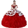 鮮やかなオフショルダー刺繍3DローズフラワーズQuinceanera Dress Mexican Charro Medallions White and Red Quince XV Ball Gown Wit303x