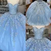 Bebek Mavi Dantel Tül Tatlı 16 Elbiseler Omuzdan Çiçek Kalesi Tül Tül Boncuklu Korse Back Vestidos De Quinceanera Ball Roose3005