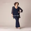 Tre stycken Chiffon Mother of the Bride Pant Suits 2020 Långa ärmar Formella Plus Size Beach Mother Dress Coat Evening Party Gowns2148