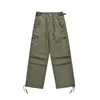 Herenbroek American Retro Paratrooper High Street Style Groene Overall Trekkoord Recht Losse Wijde Pijpen Trendy Broek