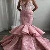 Sexy Sweetheart Lace Arabic Mermaid 2019 Pink Abiti da sera Pageant Tiers Abiti da cerimonia lunghi da ballo Vestido de noche Party Wear F272o