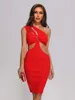 Casual Dresses 2023 Summer Women's Sexy Red Sleeveless Cut Out One Shoulder Diamond Bandage Dress Fashion Bodycon Design Club Party Party