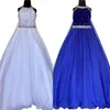 Crystals Girl Girl Pageant Dress 2023 Cape Ballgown AB Stone White Chiffon 작은 어린이 생일 공식 파티 가운 유아 Teen Pret291b