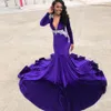 Stylish Purple Velvet Mermaid Prom Dresses Sheer Deep V Neck pärlor Långa ärmar Kvällsklänningar plus Swear Sweep Train Appliced ​​For315A