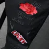 Mens Jeans Sokotoo red flower letters embroidery black jeans Fahion badge stretch denim pants 230721