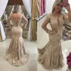 Champagne Arabe Sirène Robes De Soirée À Manches Longues Sheer Cou Appliques Formelles Robes De Soirée De Bal Occasion Spéciale Robe Vestidos 266S