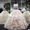 Duas Peças Tule Vestidos de Baile Quinceanera Vestidos Pedras Frisadas Top Camadas Babados Sem Costas Vestidos de Baile Meninas Doces 16 Anos Vestidos349m